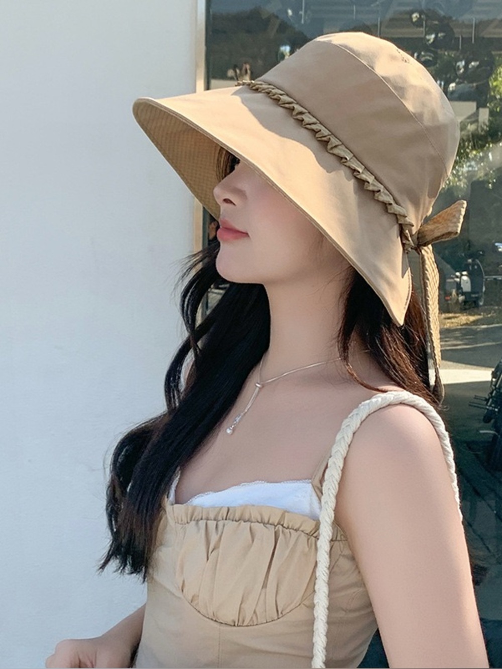 Beige Wide Brim Sun Hat with Braided Trim Bow Tie Open Back Sunhat